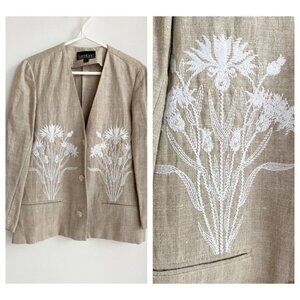 Vintage KAren Kane Linen W White Floral Embroidery  Blazer M